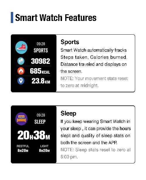 Λειτουργίες Smart watch Το Smartwatch αναγνωρίζει αυτόματα τα βήματα σας, τις θερμίδες που καταναλώνετε και την απόσταση που έχετε διανύσει.