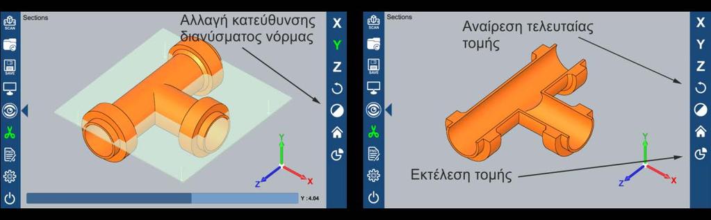 κάποιον από τους τρεις άξονες του μοντέλου. Για κάθε επίπεδο τομής επιλέγεται η κατεύθυνση του διανύσματος της νόρμας του.