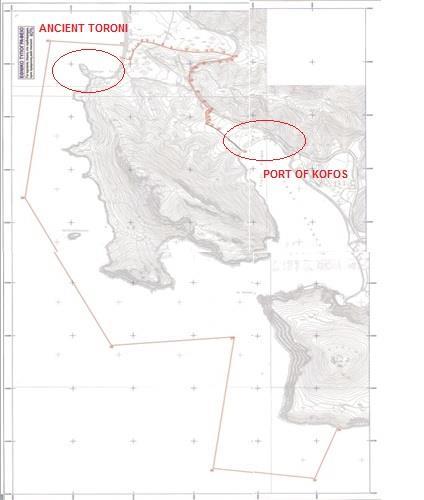 Figure 29, Topographic Map of the Declaration of the Unified Archaeological Site of Toroni and Port of Kofos (source: Law 255