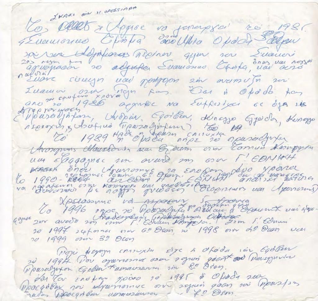 Εικόνα 2. Πορεία του τμήματος Σκακιού 1985-1999- 1 ο Χειρόγραφο του Θωμά Κόνταρη. Αρχείο Δ. Κόνταρη. Ο κ.