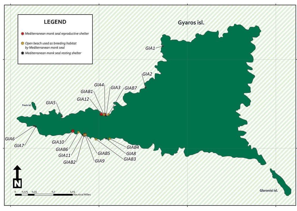 Εικόνα 3 Χάρτης της Γυάρου, που δείχνει τις θέσεις των καταφυγίων αναπαραγωγής και ξεκούρασης της μεσογειακής φώκιας που έχουν αναγνωρισθεί από τη MOm.