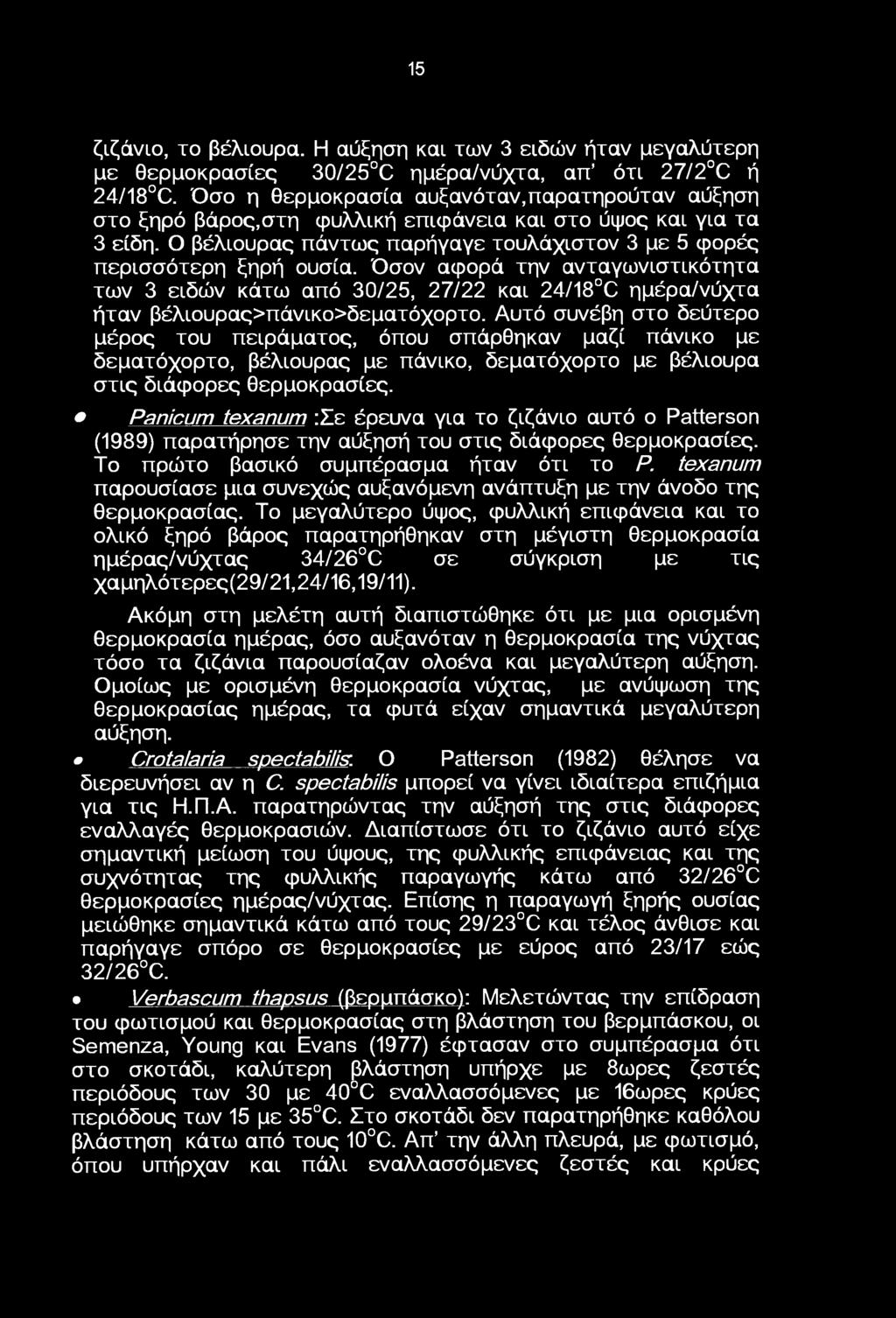 Όσν αφρά την ανταγωνιστικότητα των 3 ειδών κάτω από 30/25, 27/22 και 24/8 C ημέρα/νύχτα ήταν βέλιυρας>πάνικ>δεματόχρτ.