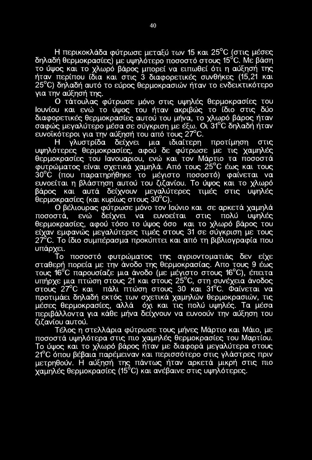 τάτυλας φύτρωσε μόν στις υψηλές θερμκρασίες τυ Ιυνίυ και ενώ τ ύψς τυ ήταν ακριβώς τ ίδι στις δύ διαφρετικές θερμκρασίες αυτύ τυ μήνα, τ χλωρό βάρς ήταν σαφώς μεγαλύτερ μέσα σε σύγκριση με έξω.