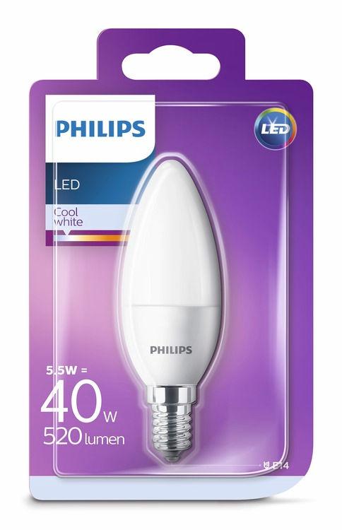 PHILIPS LED Κερί 5,5 W (40 W) E14 Ψυχρό λευκό Χωρίς ρύθμιση έντασης Δυνατός φωτισμός LED κορυφαίας ποιότητας Οι λαμπτήρες κεριά LED της Philips παρέχουν ψυχρό