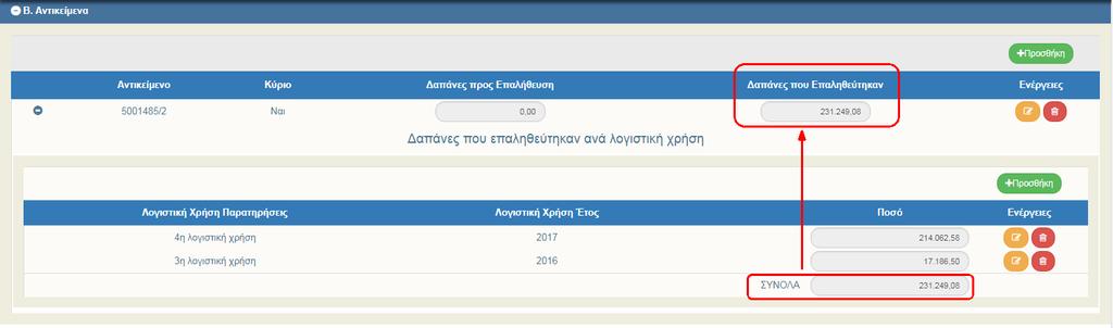 Επιτόπιες Επαληθεύσεις / Ο χρήστης επιλέγει (3) στον υποπίνακα κι εμφανίζεται το παρακάτω αναδυόμενο παράθυρο, στο οποίο συμπληρώνει τις Λογιστικές Χρήσεις και τα αντίστοιχα Ποσά που επαληθεύτηκαν σε