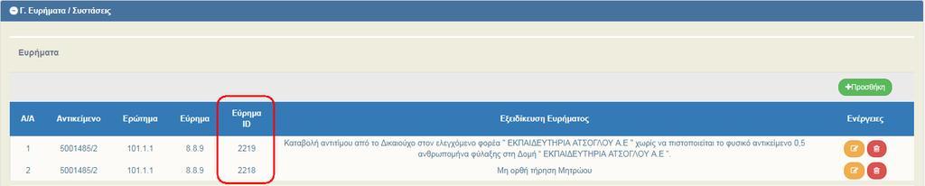 Το σύστημα αποδίδει μοναδικό αριθμό συστήματος (id) ανά εύρημα. 17. Συμπλήρωση του πίνακα «Συστάσεις» στο τμήμα «Γ. Ευρήματα / Συστάσεις».