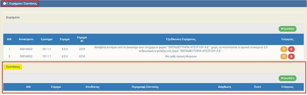 Με την επιλογή του πίνακα Συστάσεις εμφανίζεται το παρακάτω αναδυόμενο παράθυρο, όπου ο χρήστης επιλέγει/συμπληρώνει: «Εύρημα»: Εμφανίζονται τα ευρήματα που καταχωρήθηκαν στον πίνακα των Ευρημάτων.