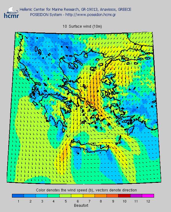 Εικόνα 1. Χάρτης ανέμου με χαρακτηριστικό καιρό βορείου ρεύματος στην περιοχή των Βορείων Κυκλάδων. Β) Νομικό Καθεστώς σχετικό με την προστασία του φυσικού περιβάλλοντος στην περιοχή.