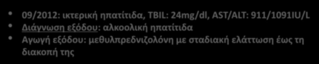 AH: Κλινικό παράδειγμα 3 Άνδρας 53 ys - Διακομιδή (06/13) λόγω οξείας ικτερικής ηπατίτιδας TBIL: 14 mg/dl - ΑST/ALT: 1184/1617 IU/L, HBsAg (-), anti-hbc IgM (-), anti-hcv (-), anti-hav IgM (-), OXI