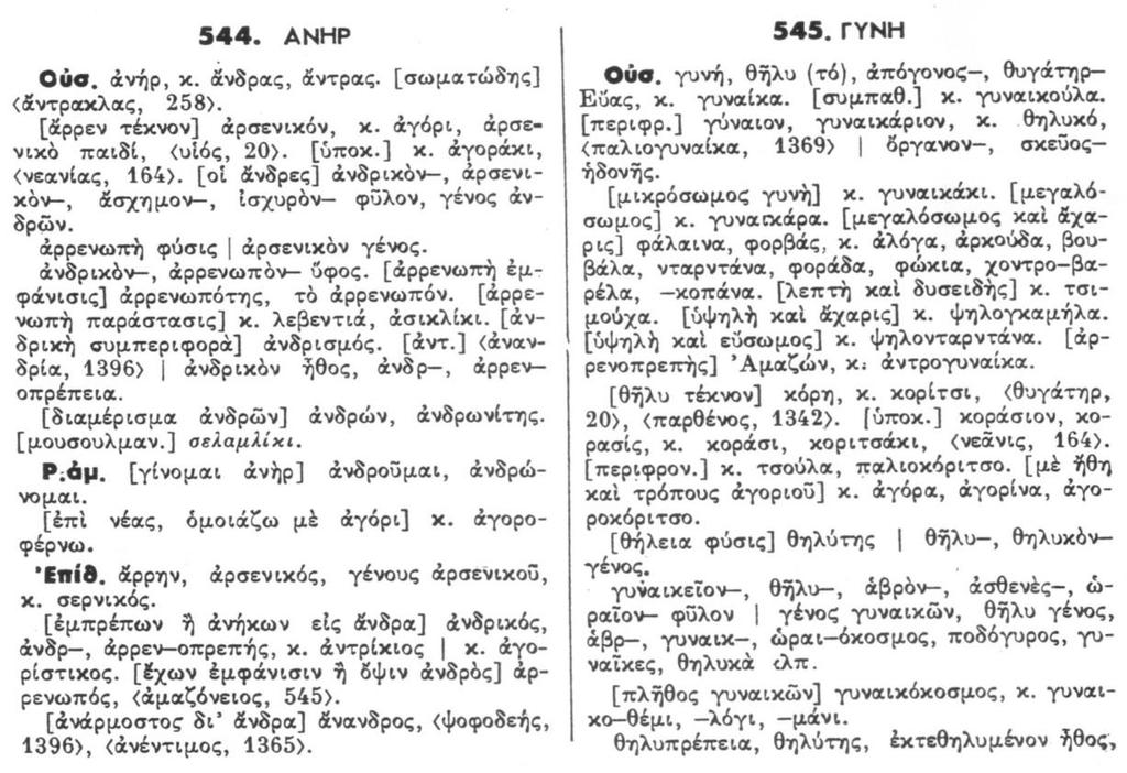 Εικόνα 2: Τα λήμματα «άνδρας» και «γυναίκα» στον Βοστάντζογλου (1962/1990: 254-255).