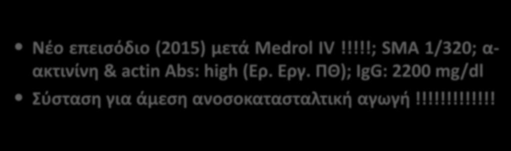 AH & IV pulse Medrol (1g/d X 3d) Κλινικό παράδειγμα 5 Γυναίκα 45ys: προ έτους οξεία ικτερική ηπατίτιδα μετά Medrol IV λόγω MS; IgG 2130 mg/dl; SMA 1/80 Βιοψία: Συμβατή ΑΗ (F3) Θεραπεία ΟΧΙ (αυτόματη