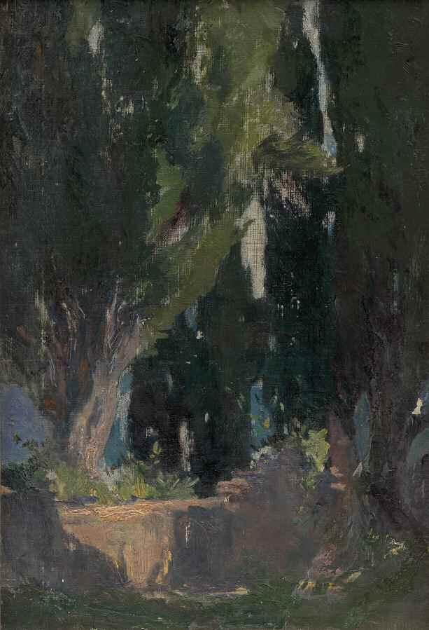 21. ΠΑΡΘΕΝΗΣ Κωνσταντίνος (1878-1967) Τοπίο με κωνοφόρα δένδρα Λάδι σε καμβά επκλμ. σε χαρτόνι 31 20 εκ υπγρμ C.P κ.α 3.000-4.