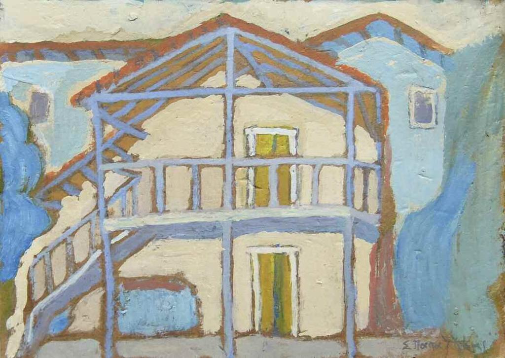 27. ΠΑΠΑΛΟΥΚΑΣ Σπύρος (1892-1957) Σπίτι με χαγιάτι - Παρνασσός Λάδι σε χαρτόνι 17 24 εκ υπγρμ. κ.