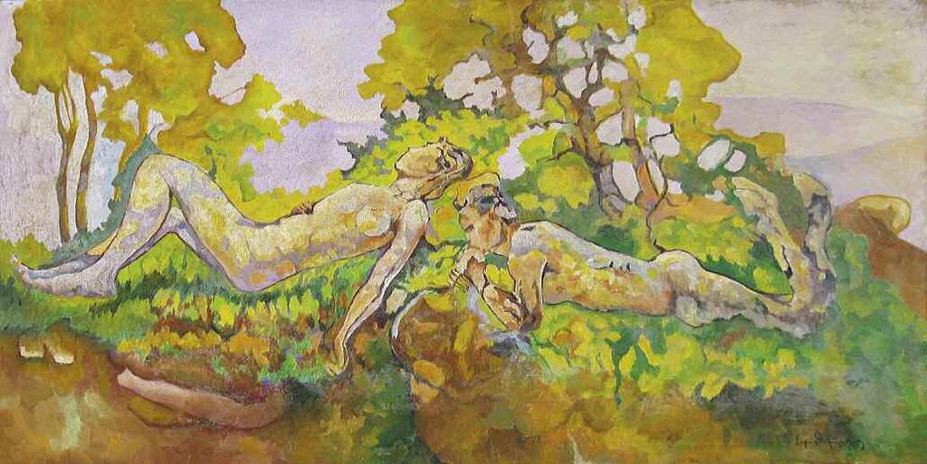 28. ΘΩΜΟΠΟΥΛΟΣ Επαμεινώνδας (1878-1974) Πάνaς και Νύμφη Λάδι σε καμβά 60 121 εκ υπγρμ. κ.δ THOMOPOULOS Epaminondas (1878-1974) Panas and Nymph Signed oil on canvas 60 121 cm 3.000-3.