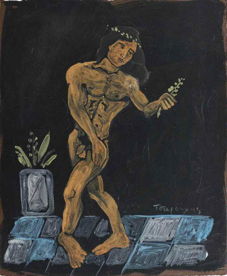 33. ΤΣΑΡΟΥΧΗΣ Γιάννης (1910-1989) Νέος τη νύχτα Τέμπερα σπουδή 27 22 εκ υπγρμ κ.δ TSAROUCHIS Yannis (1910-1989) Youngster at night Signed study in tempera on paper 27 22 cm 1.500-2.