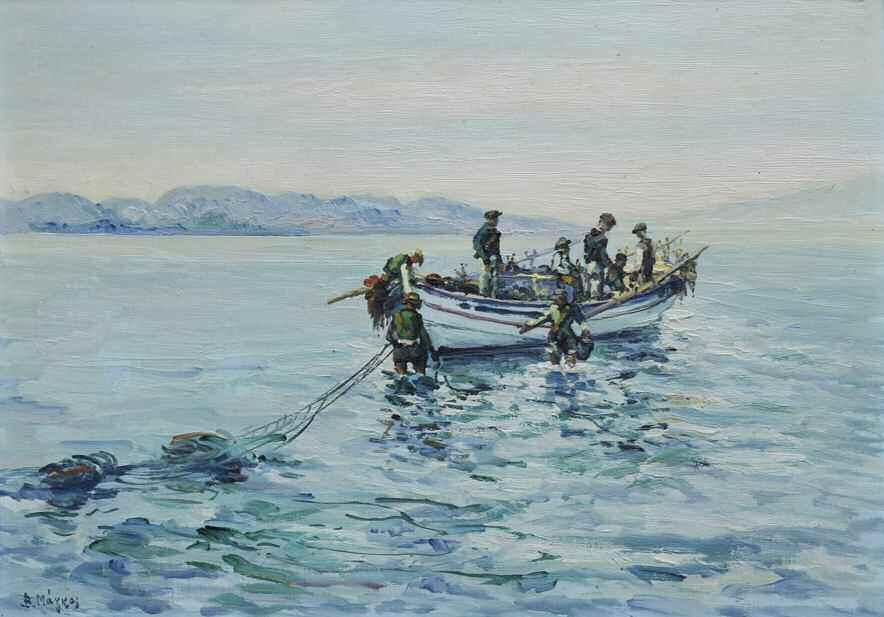 45. ΜΑΓΚΟΣ Βύρων (1924-2003) Το μάζεμα των διχτυών Λάδι σε σελοτεξ 35 50 εκ υπγρμ κ.