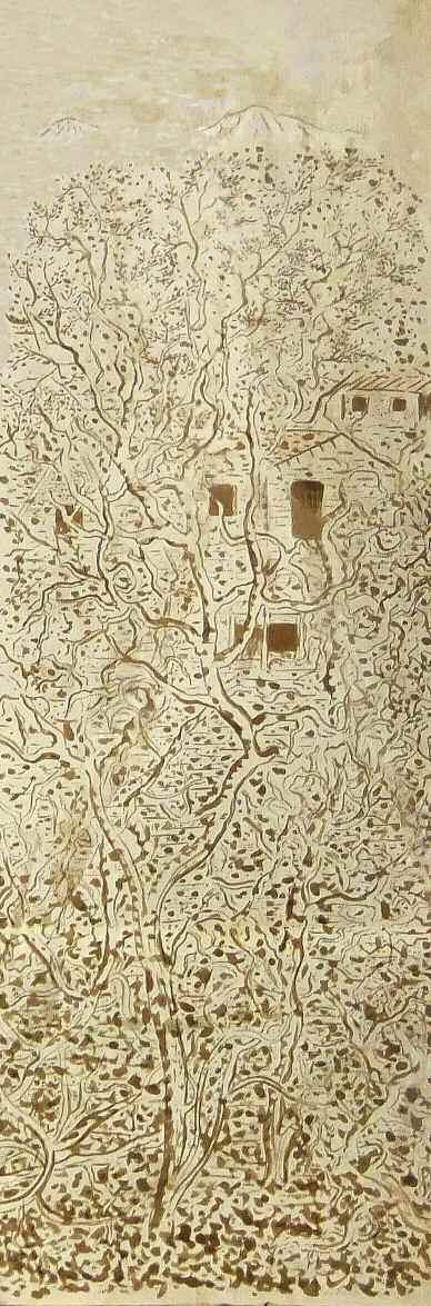 54. ΓΚΙΚΑΣ-ΧΑΤΖΗΚΥΡΙΑΚΟΣ Νίκος (1906-1994) Σπίτια μέσα σε κήπους και δένδρα 1958 Σέπια/μικτή τεχν.