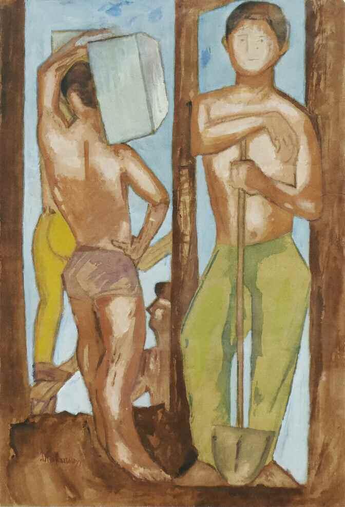 57. ΔΙΑΜΑΝΤΟΠΟΥΛΟΣ Διαμαντής (1914-1995) Οικοδόμοι π.δ1950 Τέμπερα σε χαρτόνι 50 35 εκ υπγρμ κ.α 2.000-2.