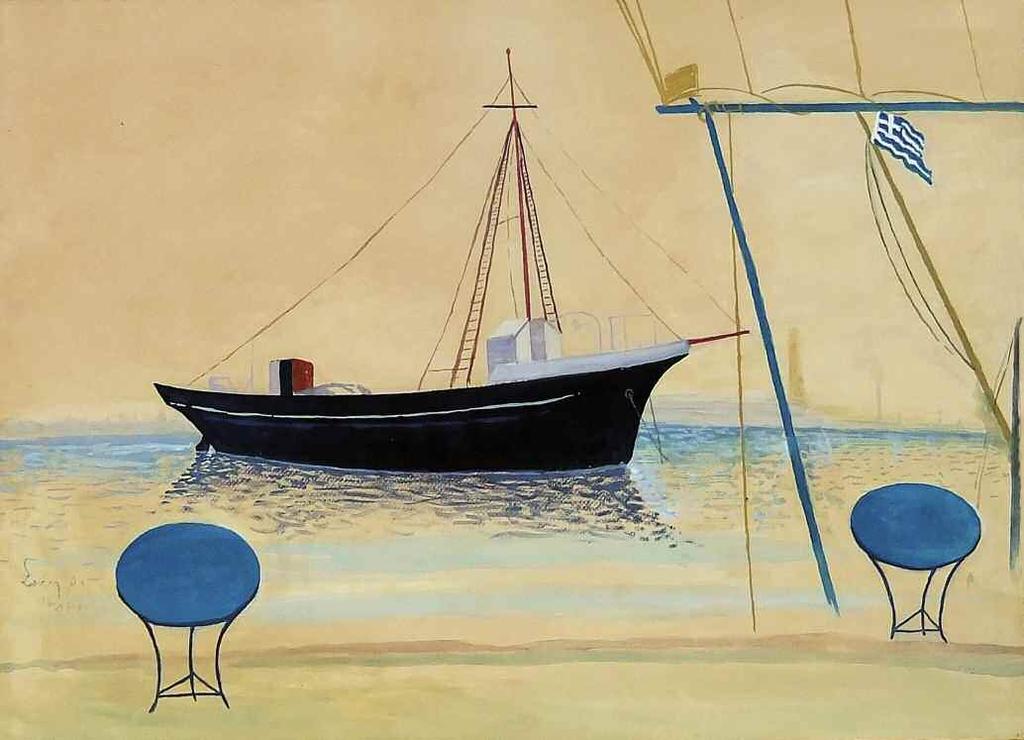 *58. ΒΑΣΙΛΕΙΟΥ Σπύρος (1902-1985) Καράβι στο Κερατσίνι Ακρυλικά/μικτή τεχν. σε σελοτεξ 50 70 εκ υπγρμ κ.α VASSILIOU Spyros (1902-1985) A boat by Keratsini in Piraeus Signed acrylic/mix.