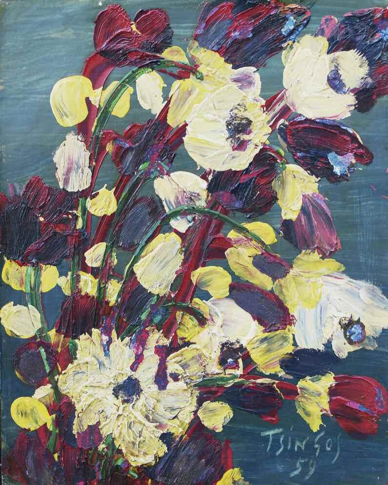 61. ΤΣΙΓΚΟΣ Θάνος (1914-1965) Λουλούδια 1959 Λάδι σε χαρτόνι 30 25 εκ υπγρμ & χρνλγμ κ.δ TSINGOS Thanos (1914-1965) Flowers 1959 Signed & dated oil on board 30 25 cm 1.300-1.