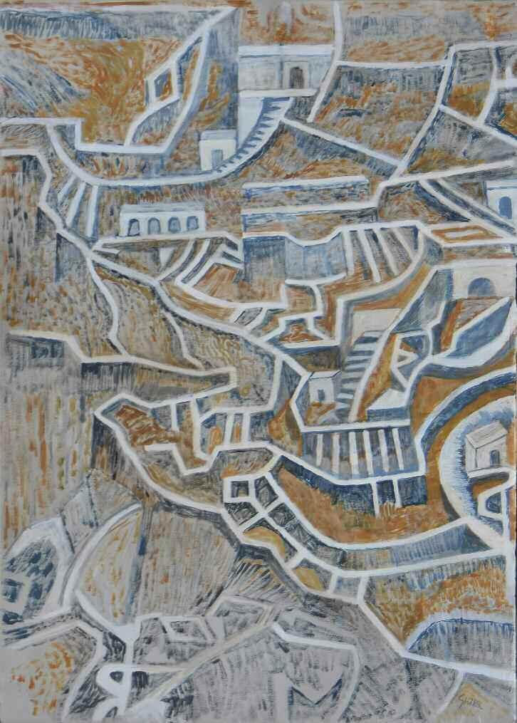 64. ΓΚΙΚΑΣ-ΧΑΤΖΗΚΥΡΙΑΚΟΣ Νίκος (1906-1994) Νησιώτικο τοπίο (Σαντορίνη;) π1960 Τέμπερα/ακρυλικό σε χαρτόνι 70 50 εκ υπγρμ κ.δ 4.000-6.