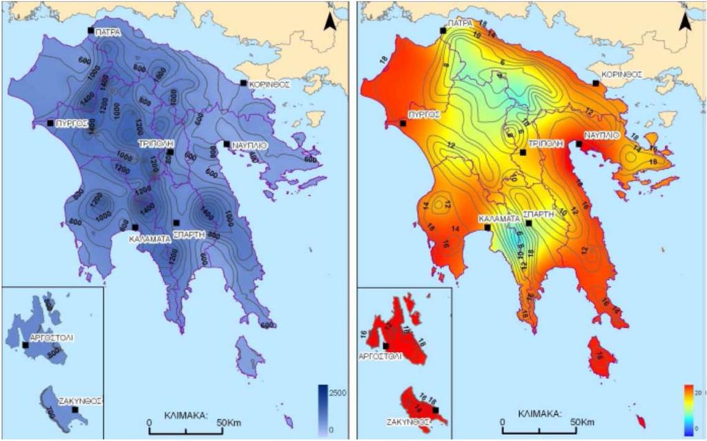 Σχήμα 14. Χάρτης με μέσα ετήσια ύψη βροχής (αριστερά) και μέσες ετήσιες θερμοκρασίες (δεξιά) της Πελοποννήσου (ΥΠΕΚΑ, 2013). 3.