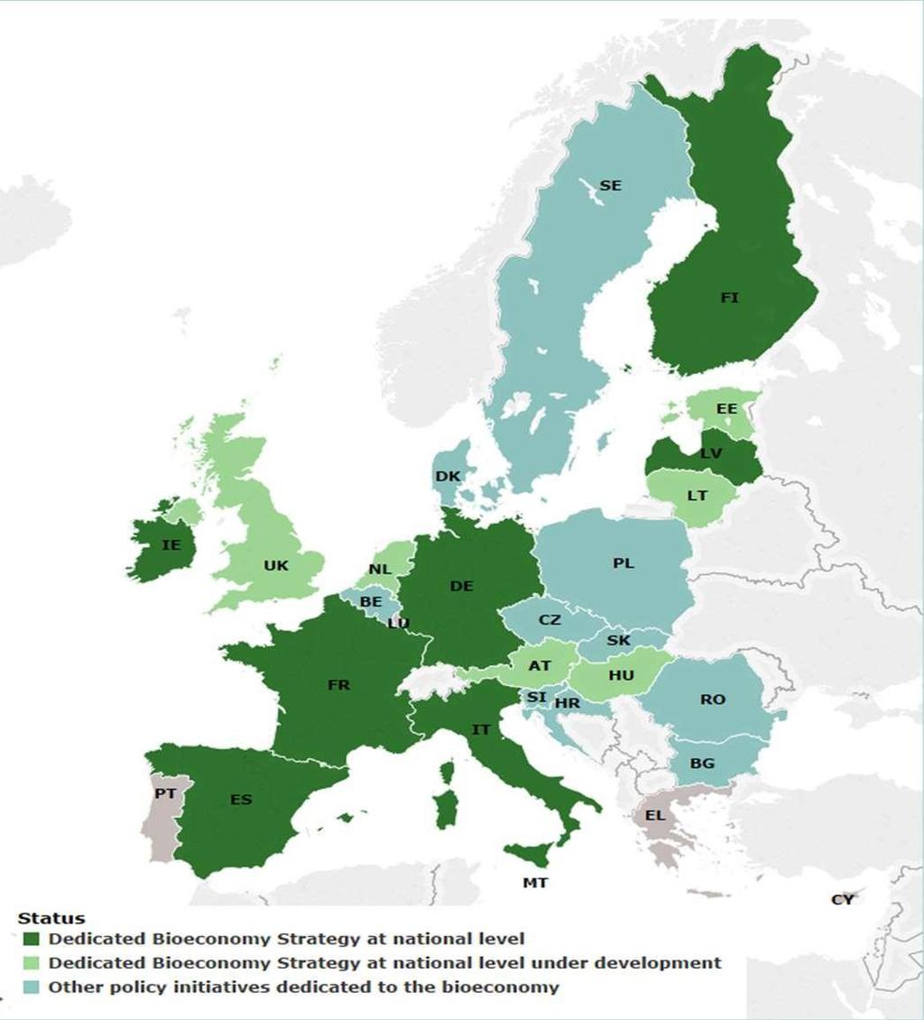 Η Βιοοικονομία στην ΕΕ Great diversity - Wide variety 7 κράτη μέλη έχουν Εθνικές Στρατηγικές για τη Βιοοικονομία (Finland, Latvia, Germany, Italy, France, Spain, Ireland) 6 κράτη μέλη