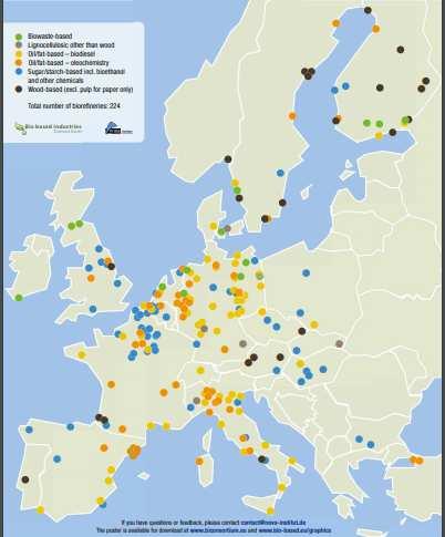 Βιοδιϋλιστήρια στην Ευρώπη 1. "Sugar-/starch based biorefineries" producing bioethanol and other chemicals (63) 2. "Oil-/fat-based biorefineries first and second generation biodiesel" (64) 3.