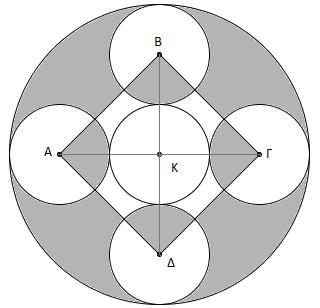 (Να χρησιμοποιηθεί η τιμή π = ) 7 O μεγάλος κύκλος έχει ακτίνα 3cm το AK=KB=KΓ=ΚΔ=1+1=cm και οι γωνίες ο ABΓ=ΒΓΔ=ΓΔΑ=ΔΑΒ=90.