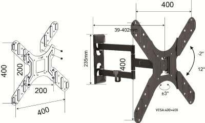 LCD/PLASMA από 17"-47" Ωφέλιμο φορτίο 25Kg Γωνία οριζόντιας κλίσης:±3 Γωνία κάθετης κλίσης: -2,12 Σετ στερέωσης για τον τοίχο και