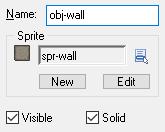Πρώτα δημιουργήστε το αντικείμενο obj-wall από το sprite spr-wall. Το αντικείμενο αυτό πρέπει να είναι Visible και Solid.
