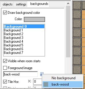 Στη συνέχεια, επιλέξτε με διπλό κλικ το room0 που δημιουργήσατε, επιλέξτε την καρτέλα Background και από την αναδυόμενη λίστα επιλέξτε το back-wood.