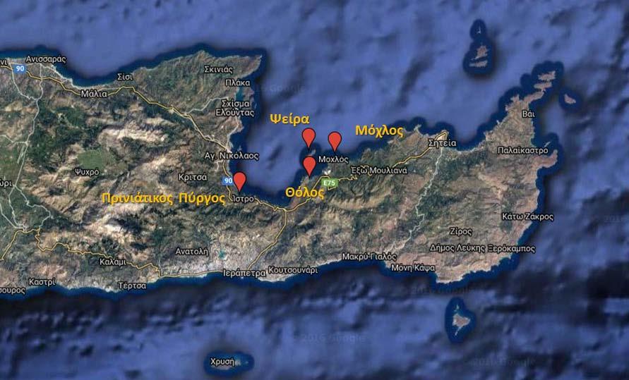 2 ΠΕΠΡΑΓΜΕΝΑ ΙΒ ΔΙΕΘΝΟΥΣ ΚΡΗΤΟΛΟΓΙΚΟΥ ΣΥΝΕΔΡΙΟΥ Εικ. 1. Η ανατολική Κρήτη. Σημειώνονται θέσεις με ευρήματα βυζαντινής εποχής στα βόρεια παράλια (Πηγή: Google Maps).