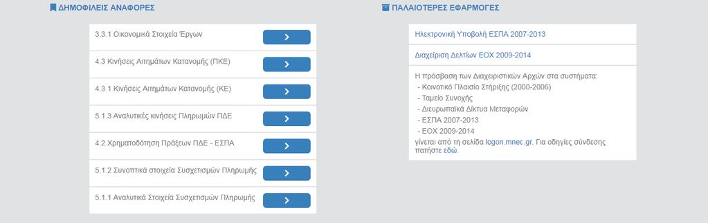 2.4.4 Γρήγορη πρόσβαση σε δημοφιλείς αναφορές Στο τμήμα αυτό εμφανίζονται links για άμεση πρόσβαση στις