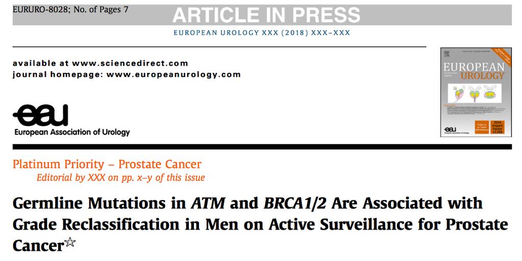 Men on active surveillance with inherited mutations in BRCA1/2 and ATM are more likely to harbor aggressive prostate cancer.