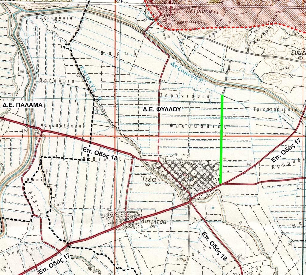 Χάρτης 1: Απόσπασμα φύλλου χάρτη της Γ.Υ.Σ., φύλλο "Σοφάδες", φύλλο "Φαρκαδόνα", κλίμακας 1:50.