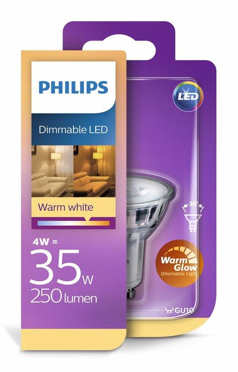 PHILIPS LED Σποτ (με ρύθμιση έντασης) 4 W (35 W) GU10 Από το ζεστό στο πάρα πολύ ζεστό λευκό Απαλή λάμψη ρυθμιζόμενης έντασης Αυτό που κρύβεται στο εσωτερικό κάνει τη