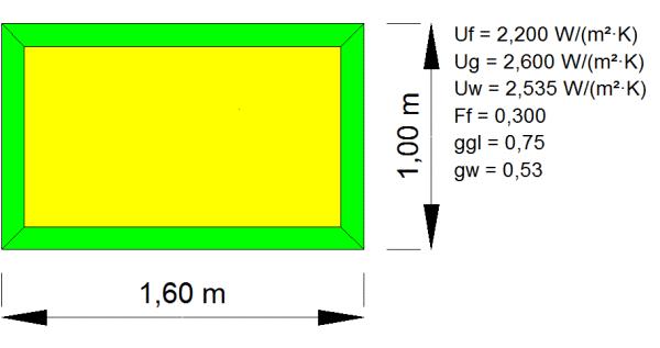4.12.2.2.7. Παράδειγμα 2 Δίδονται U f = 2.200 W/(m² K) U g = 2.600 W/(m² K) Ψ g = 0.020 W/(m K) g gl = 0.75 Πλάτος πλαισίου d 1 = 0.01 m Πλάτος ανοίγματος W = 1.60 m Υψος ανοίγματος H = 1.