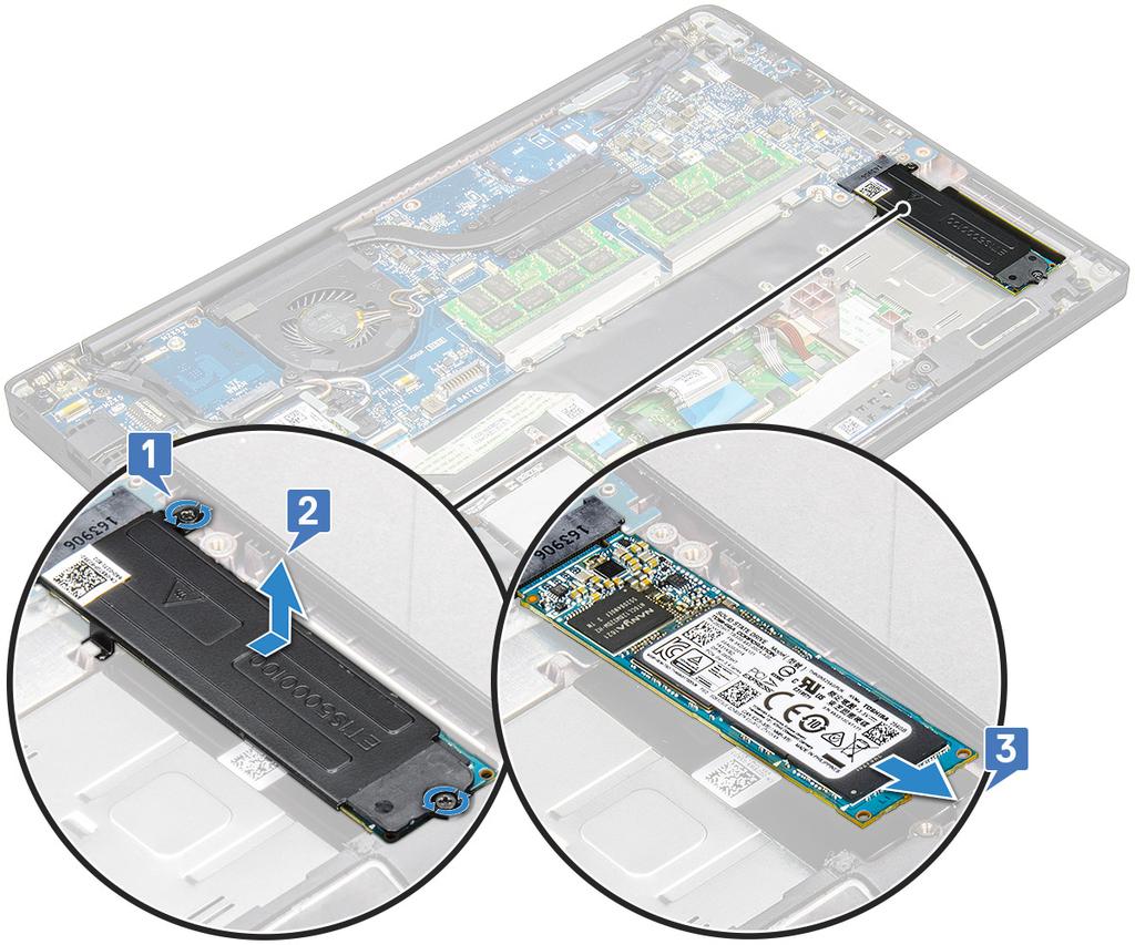 Εγκατάσταση της μονάδας PCIe SSD 1 Εισαγάγετε την κάρτα PCIe SSD στην υποδοχή της. 2 Τοποθετήστε το υποστήριγμα της SSD πάνω από την κάρτα PCIe SSD.