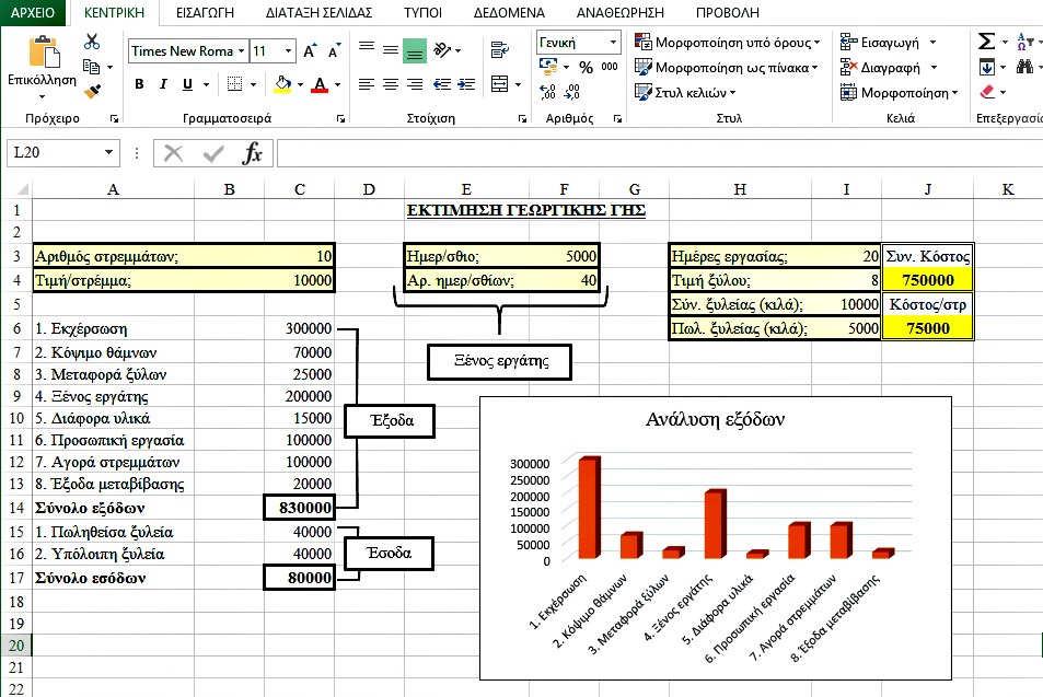 μετά γράφουμε στον τίτλο του «Ανάλυση εξόδων» χρησιμοποιώντας γραμματοσειρά Times New Roman και μέγεθος 11.