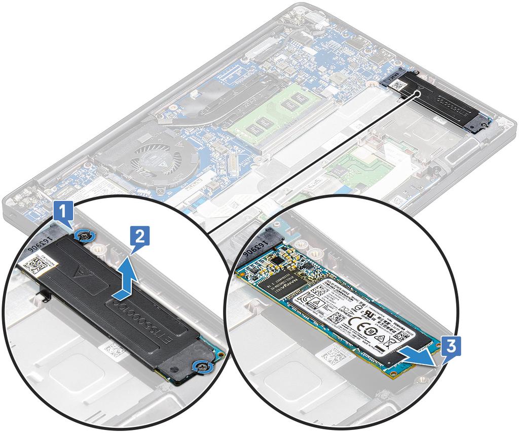 b Αφαιρέστε το υποστήριγμα της SSD [2]. c Αφαιρέστε τη μονάδα PCIe SSD από τον σύνδεσμο στην πλακέτα συστήματος [3].