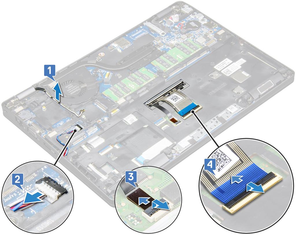 e f g h i Κάρτα SSD SSD με βάση συγκράτησης πλαίσιο SSD Κάρτα WLAN κάρτα WWAN (προαιρετική) 3 Για να αποδεσμεύσετε το πλαίσιο περιβλήματος: a Απελευθερώστε τα καλώδια των καρτών WLAN και WWAN από τα