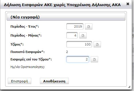 -το Μήνα πχ 4 (Απρίλιος), -το Τζίρο πχ 100 ( ) Και τις εισφορές επί του τζίρου πχ 2 ( ) και αποθηκεύουμε.