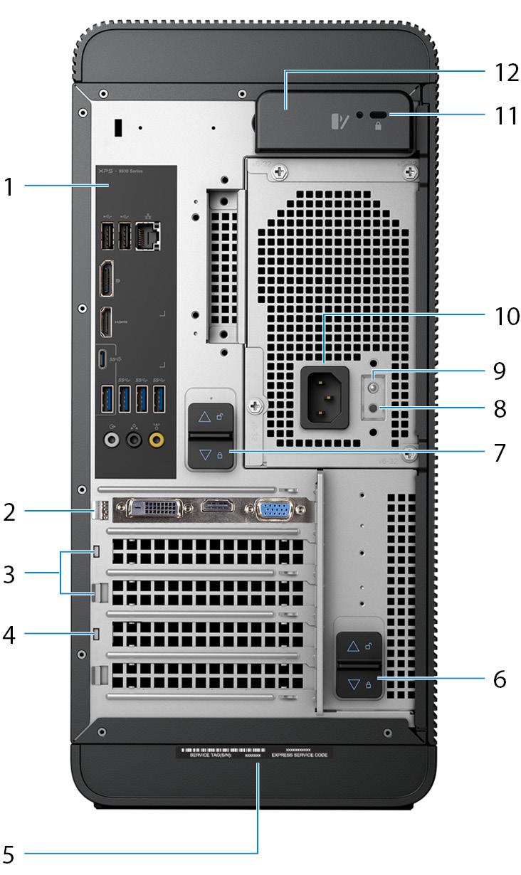 Πίσω πλευρά 1 Πίσω πλαίσιο Συνδέστε συσκευές USB, ήχου, βίντεο και άλλου τύπου. 2 Υποδοχή κάρτας γραφικών PCI-Express X16 Συνδέστε κάρτα PCI-Express, π.χ. κάρτα γραφικών, ήχου ή δικτύου, για να βελτιώσετε τις δυνατότητες του υπολογιστή σας.