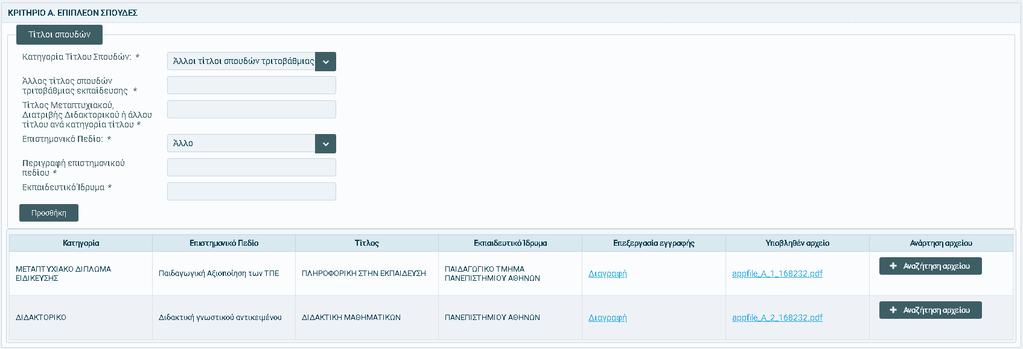 Εάν επικυμεί να διαγράψει τθν ςυγκεκριμζνθ εγγραφι, τότε από τθν ςτιλθ «Επεξεργαςία εγγραφισ» του πίνακα να επιλζξει «Διαγραφι». Ακολοφκωσ, προςκζτει όςουσ άλλουσ τίτλουσ ςπουδϊν διακζτει.