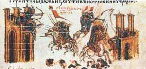 610-64: Ο Ηράκλειος και οι Πέρσες Mικρογραφία από το σλαβονικό χειρόγραφο της «Xρονογραφίας» του Kωνσταντίνου Mανασσή (14ος αι.