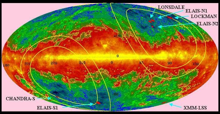 Chapter 2: Observing at infrared wavelengths 44 in log-age over 3 Myr to 3 Gyr. The FEPS project uses all the 3 instruments of Spitzer to provide spectral coverage from 3.6 to 70κm (61). 2.3 SWIRE The SPITZER Wide-Area Infrared Extragalactic Survey (SWIRE) (10) is the largest of the SIRTF Legacy Surveys.