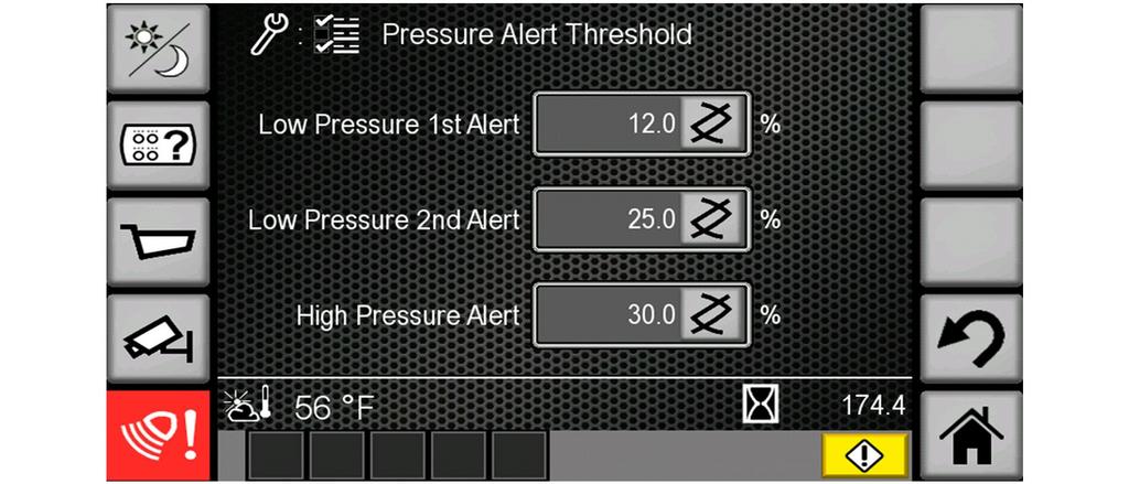 18 M0087660 Ενότητα λειτουργίας Κωδικοί συμβάντος Όριο προειδοποίησης πίεσης Εικόνα 6 Για να προσαρμόσετε τα όρια που θα επηρεάζονται όταν ενεργοποιηθούν συμβάντα χαμηλής και υψηλής πίεσης μεταβείτε