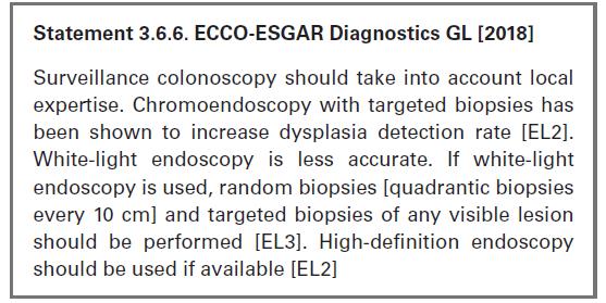 Στρατηγική επιτήρησης Περί κολονοσκόπησης Η χρωμοενδοσκόπηση υπερτερεί της συμβατικής ενδοσκόπησης λευκού φωτός στην ανίχνευση της δυσπλασίας (Kiesslich et al.